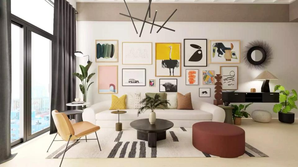 Bright mid-century modern living room with gallery wall, mustard accents, and warm neutral palette