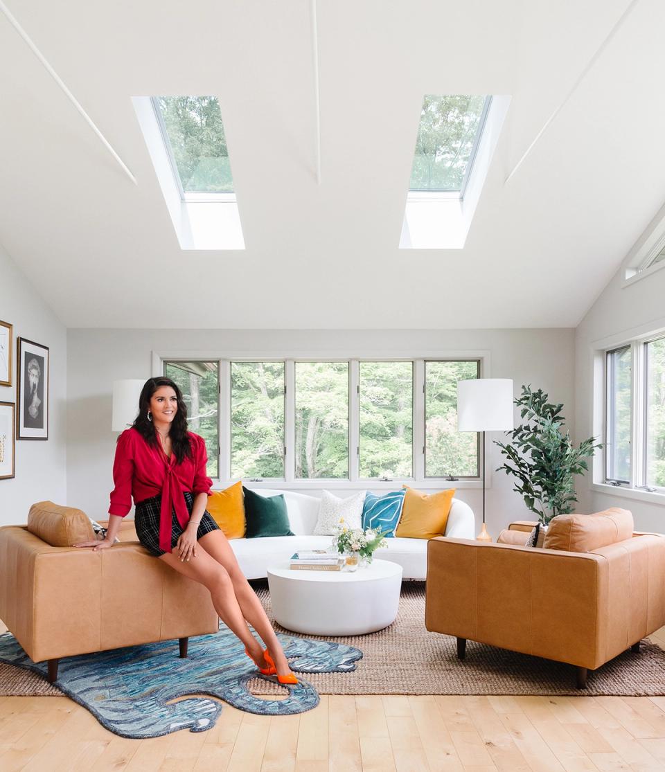 Contemporary living space featuring tan seating, geometric blue rug, and verdant views through skylights