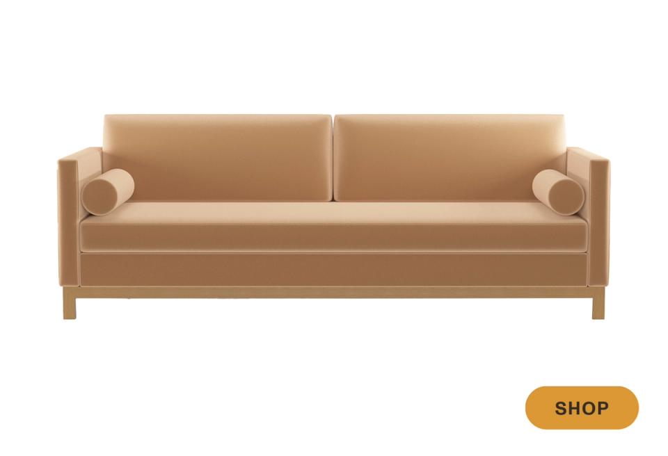 Contemporary camel sofa with wooden frame and nailhead trim detailing