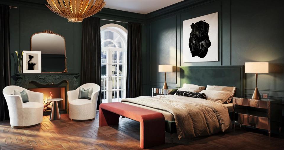 Luxe moody bedroom with forest green walls, warm brass fixtures, terracotta bench, and dramatic lighting creating sophisticated retreat
