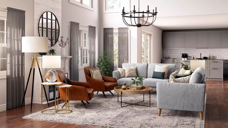 Modern fall living room with warm cognac accents, gray upholstery, and cozy layered lighting