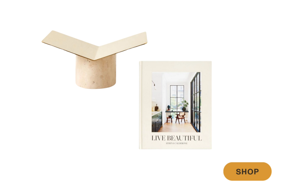 Minimalist birch wood sculptural stool alongside "Live Beautiful" print in Scandinavian design