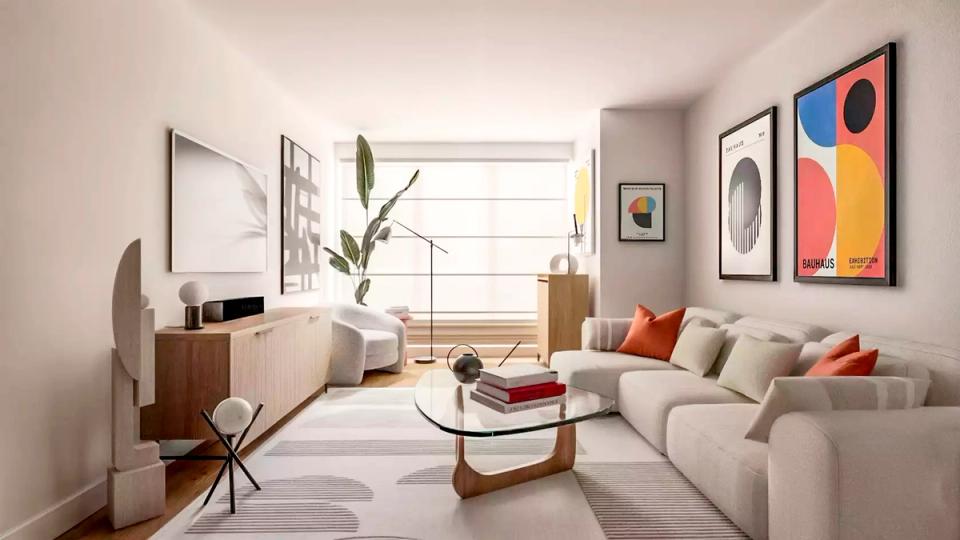 Sophisticated mid-century modern living room with colorful art and warm wood accents