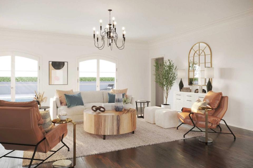 Airy living room mixing Gray Mist neutrals with terracotta chairs and natural materials