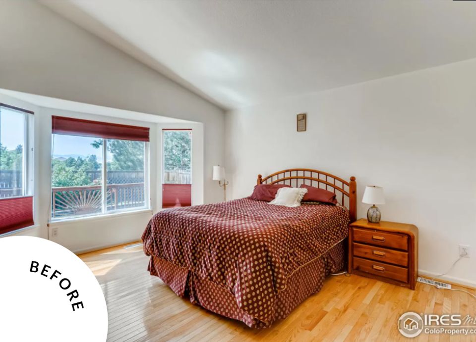 Sparse bedroom with terracotta bedding and wood nightstand—before refresh into contemporary style