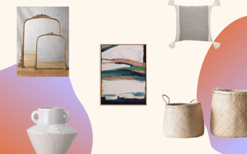 Minimalist home accents with warm neutrals, blush and lavender tones, featuring ceramic vessels and woven baskets