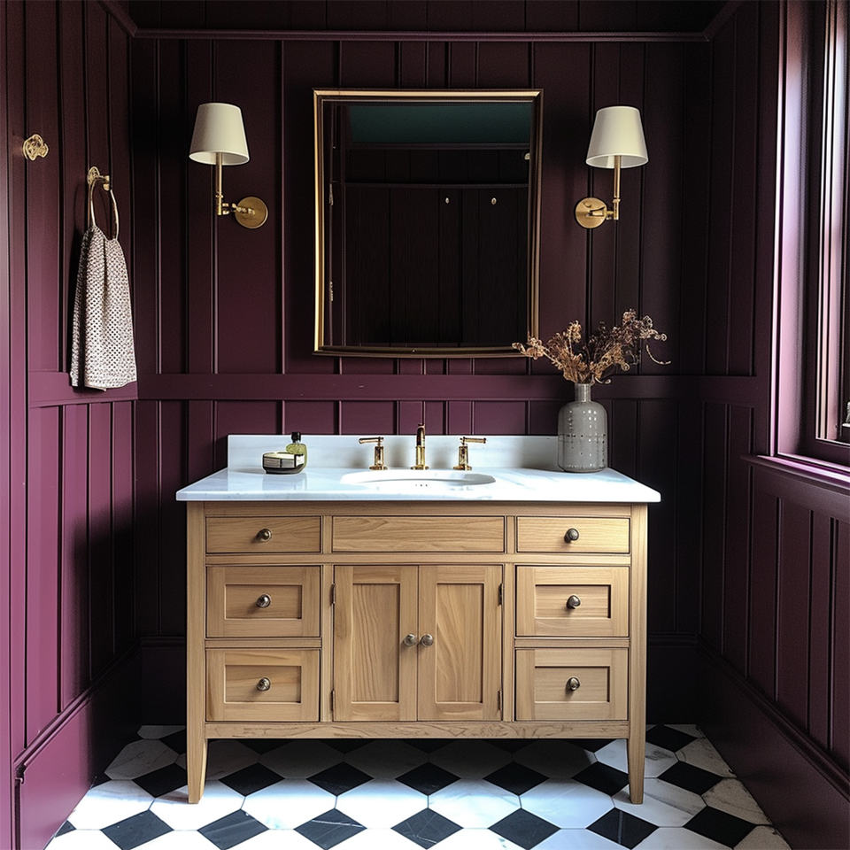 Deep plum bathroom with gold-framed mirror, light wood vanity, and monochrome tile