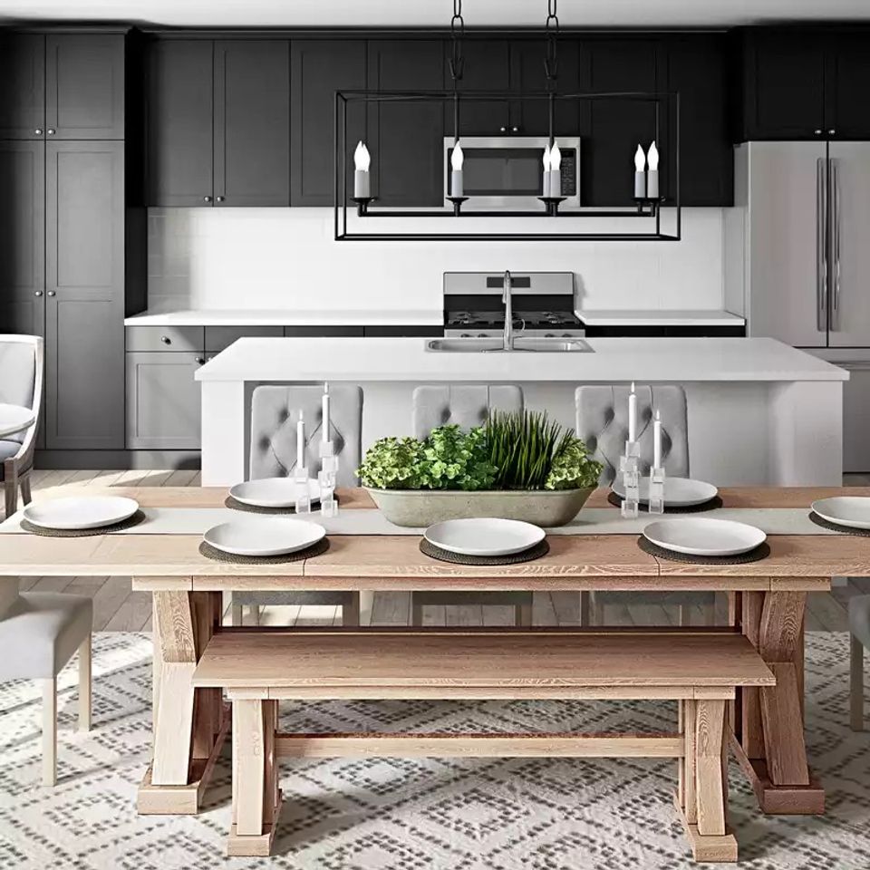 Modern kitchen with black cabinetry, white marble countertops, and natural wood dining table for contemporary contrast