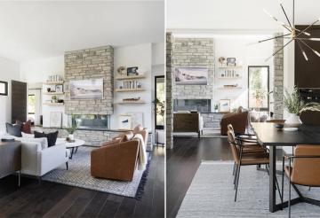 Industrial-modern loft with contrasting rugs anchoring brick fireplace seating and natural wood dining areas