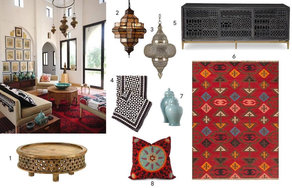 Global eclectic design mood board featuring brass accents, rich reds, and ornate patterns