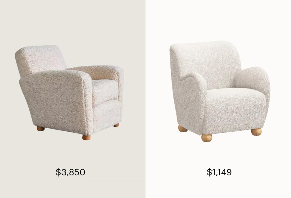 Cream boucle armchairs with rounded arms and wooden feet, featuring cozy modern comfort in two versions