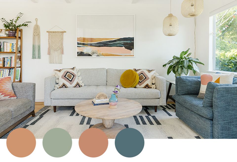 Eclectic living room with terracotta, sage, and muted blue accents