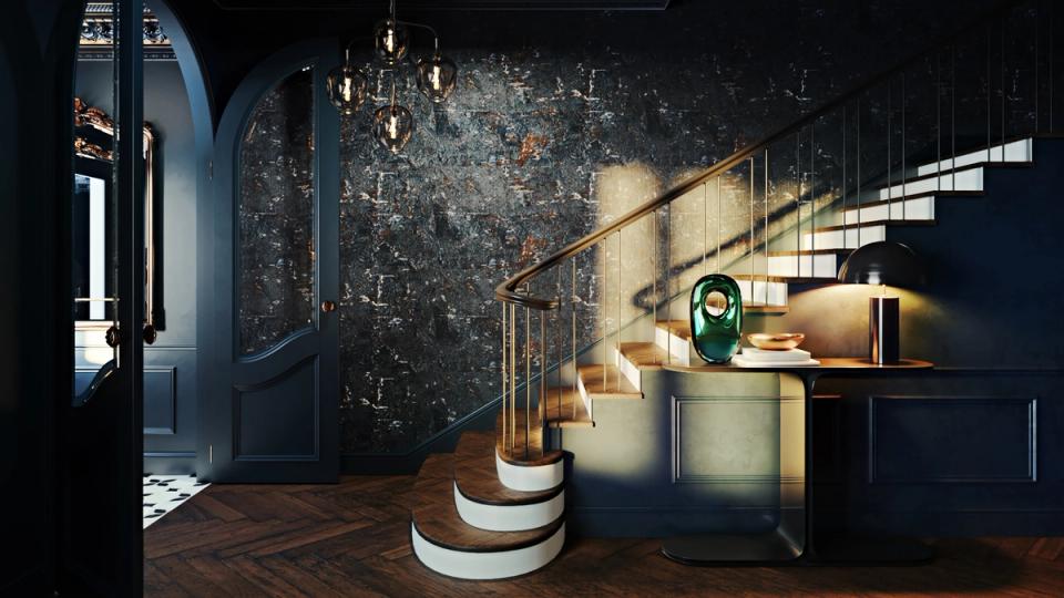 Industrial chic space with dark blue walls, textured wallpaper, brass fixtures, and warm wood tones
