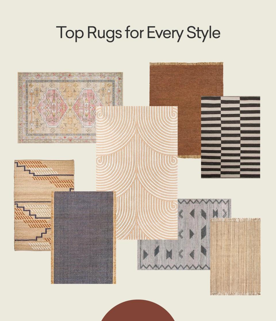 Curated rug collection showcasing diverse styles: bohemian, geometric, minimalist, and textured patterns in warm earth tones and neutral palettes.