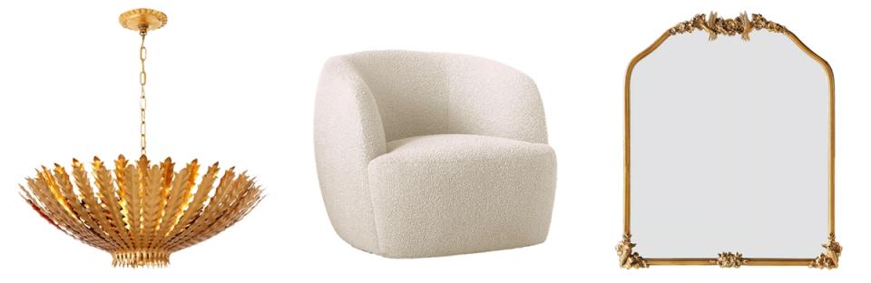 Curated luxury decor elements: brass sunburst chandelier, cream barrel chair, and ornate gold mirror