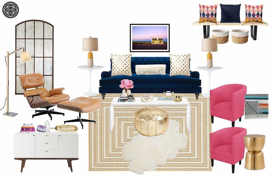 Glam contemporary layout featuring navy sofa, hot pink chairs, gold geometric rug, and vintage caramel seating