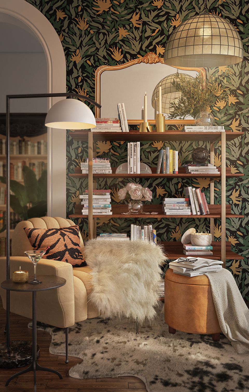 Botanical reading nook with dark botanical wallpaper, brass shelving, and creamy textures