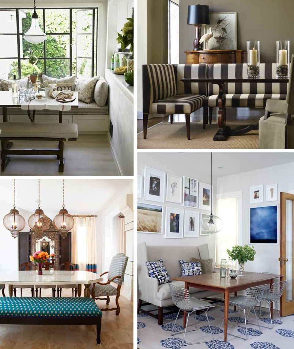 Dining spaces with striped upholstered seating, pendant lighting, and eclectic chair styles in neutral and jewel-tone palettes