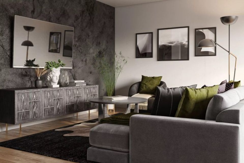 Contemporary space blending dark textured accent wall with soft gray seating and olive green accents for balanced, inviting mood.
