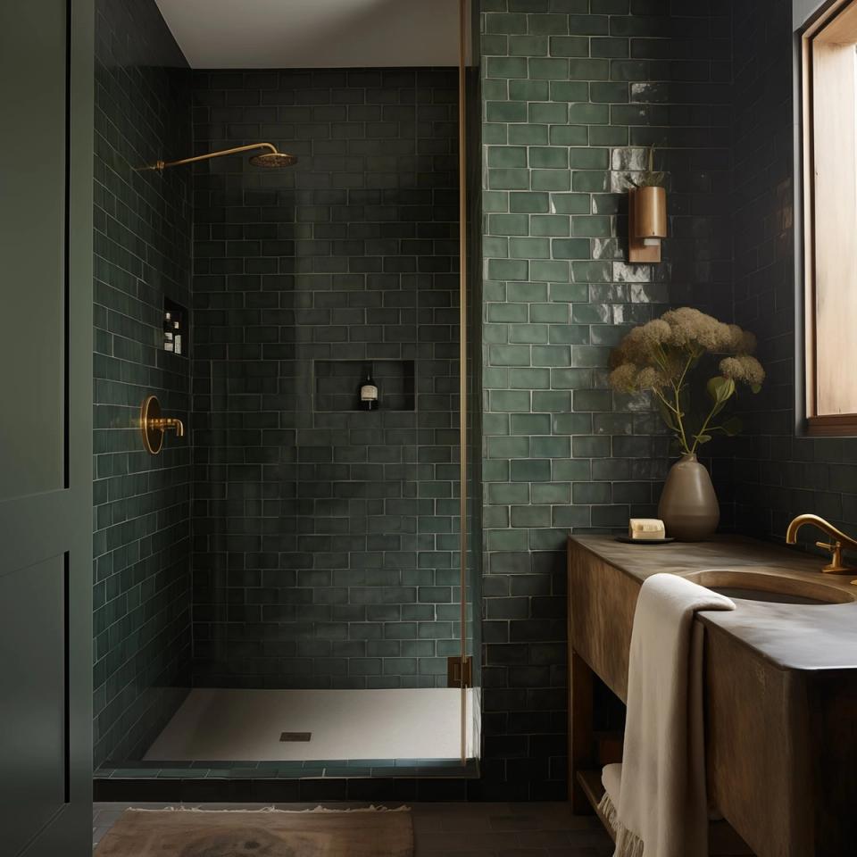 Spa-like bathroom with forest green subway tile shower, wooden vanity, and warm brass accents for relaxed luxury.