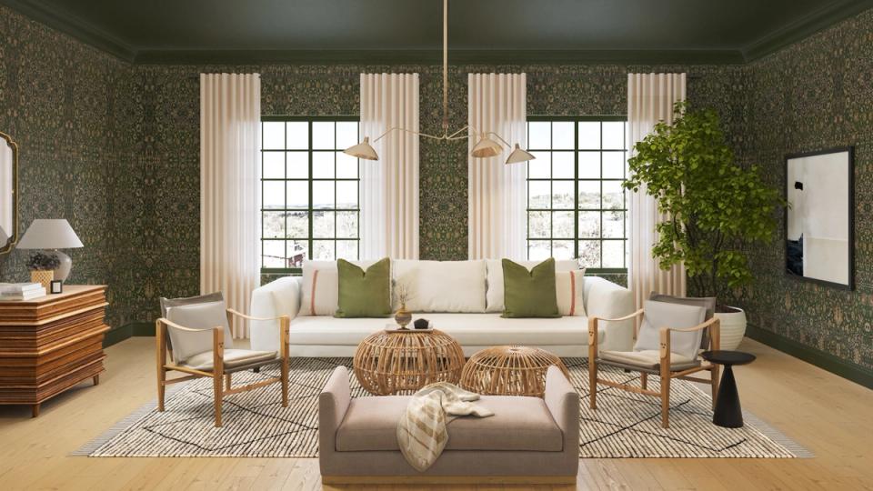 Mid-century modern living room with sage green patterned walls, cream furniture, and natural wood accents creating a warm, earthy aesthetic.