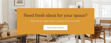 Interior design consultation banner with warm mustard background and furniture showroom setting