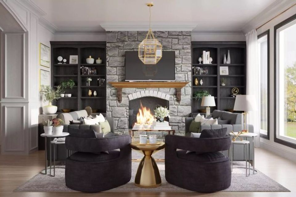 Modern glam living room with black accent wall fireplace, curved black chairs, and warm brass accents creating a sophisticated, inviting atmosphere.