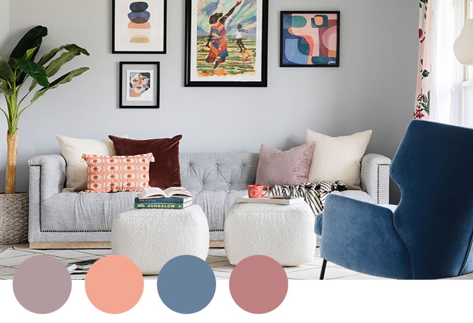 Contemporary lounge with coral, slate blue, and soft neutrals