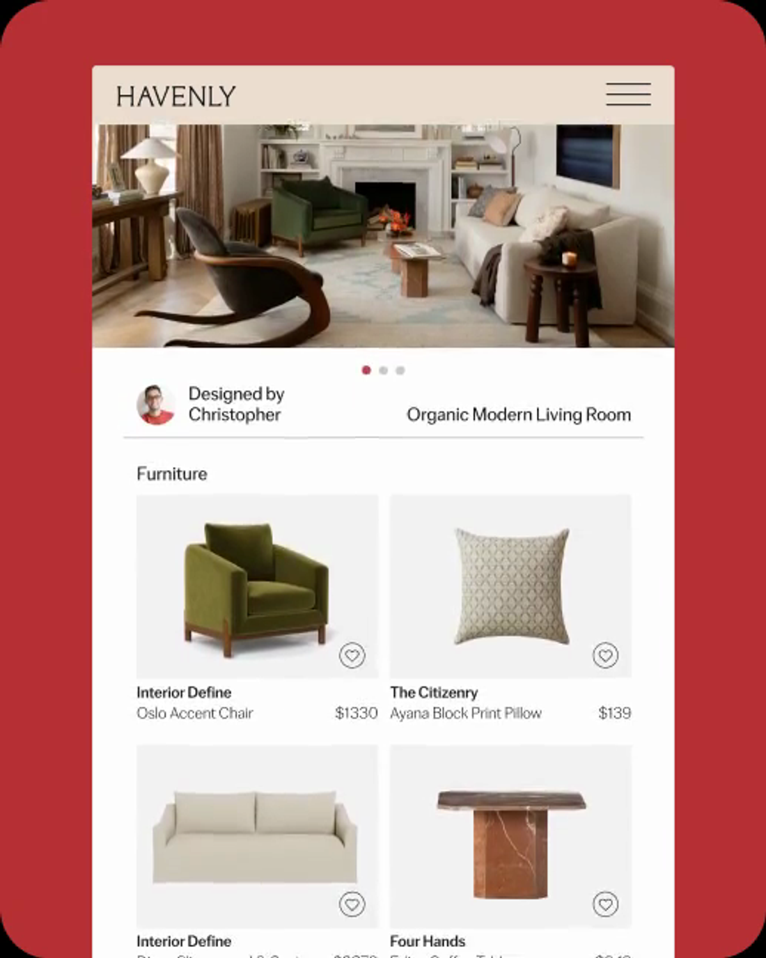 A furniture collage: cream sofa, olive velvet armchair, patterned rug, marble side table and framed art