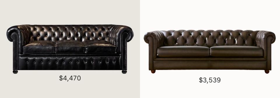 Sophisticated black and brown leather Chesterfield sofas with iconic button-tufted detailing