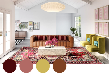 Contemporary living room featuring burnt orange velvet sofa, chartreuse accent chair, and jewel-toned patterned rug for bold warmth