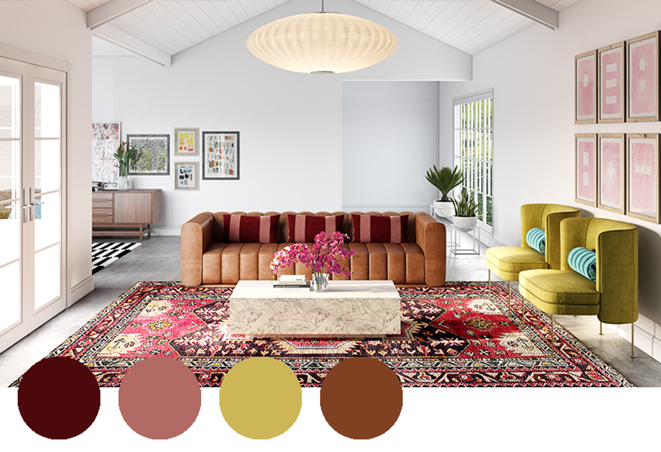 Contemporary living room featuring burnt orange velvet sofa, chartreuse accent chair, and jewel-toned patterned rug for bold warmth