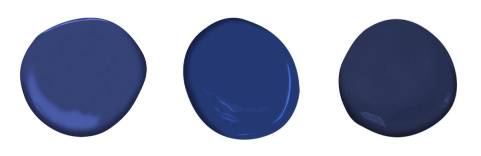 Three rich navy blue paint swatches displaying depth and variation in blue tones