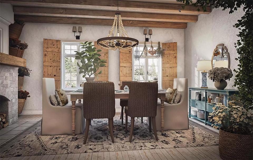 Elegant dining room with rustic wood beams, warm neutral tones, and sophisticated layered lighting