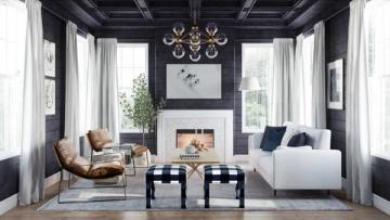 Dramatic black ceiling with white fireplace, navy and cream furnishings, and classical gold chandelier create sophisticated contrast