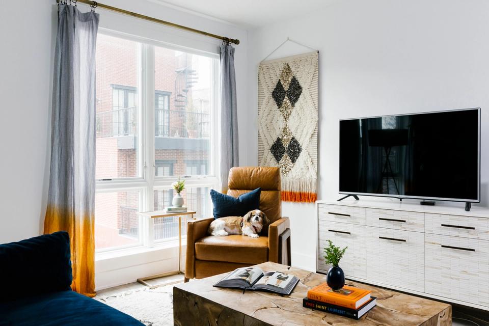 Contemporary apartment with white drawers TV stand, gold accents, and pops of mustard yellow