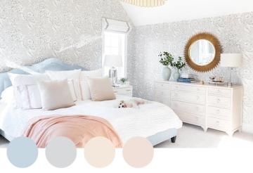 Serene contemporary bedroom with soft pastel palette, white furnishings, and delicate botanical accents creating peaceful retreat.