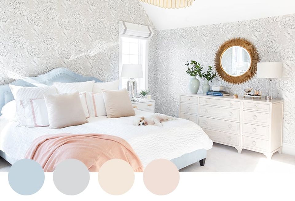 Serene contemporary bedroom with soft pastel palette, white furnishings, and delicate botanical accents creating peaceful retreat.