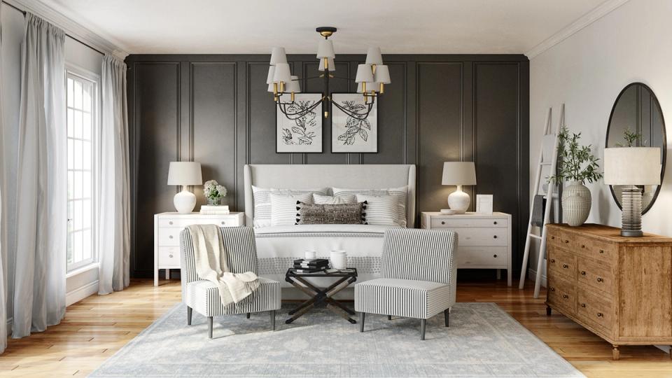 Sophisticated bedroom with charcoal walls, white bedding, and warm wood accents creating elegant contrast