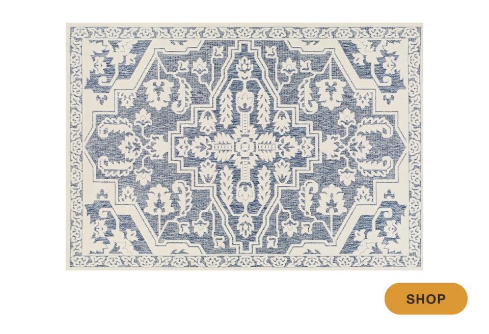 Traditional Persian-inspired outdoor rug with ornate medallion design in blue and cream