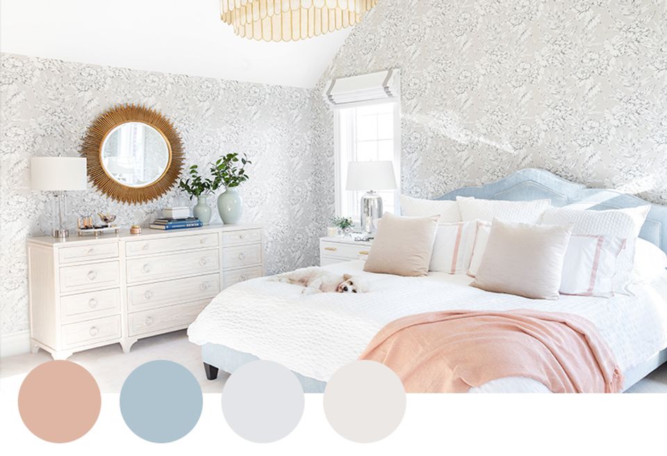 Serene bedroom with soft blush, blue, and cream tones
