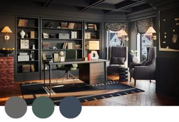 Moody, sophisticated home office in deep charcoal and teal with warm brass accents and rich wood, balancing drama with timeless elegance