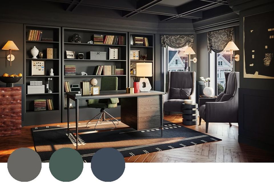 Moody, sophisticated home office in deep charcoal and teal with warm brass accents and rich wood, balancing drama with timeless elegance