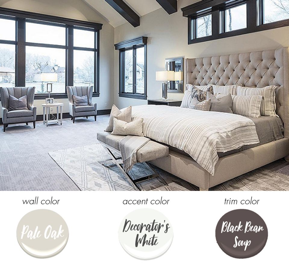 Luxe contemporary bedroom in warm neutrals with sophisticated black window frames