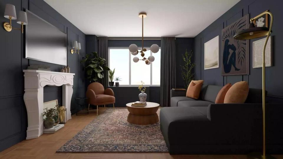 Dark academia living room with navy walls, fireplace, leather accents, and moody jewel-tone palette