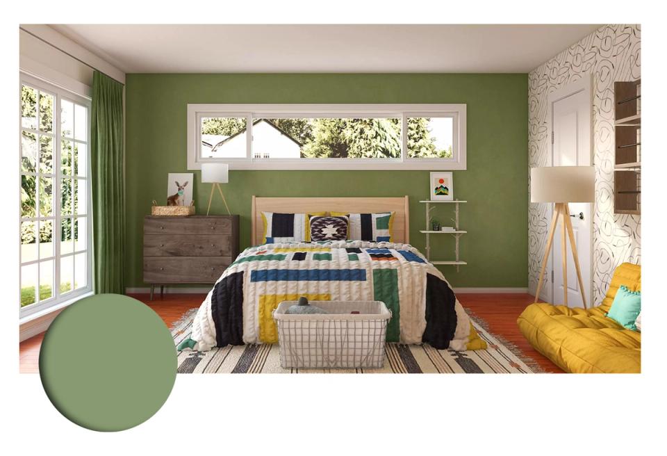 Eclectic bedroom with sage green accent wall, mid-century wood furniture, warm mustard accents, and playful bohemian energy