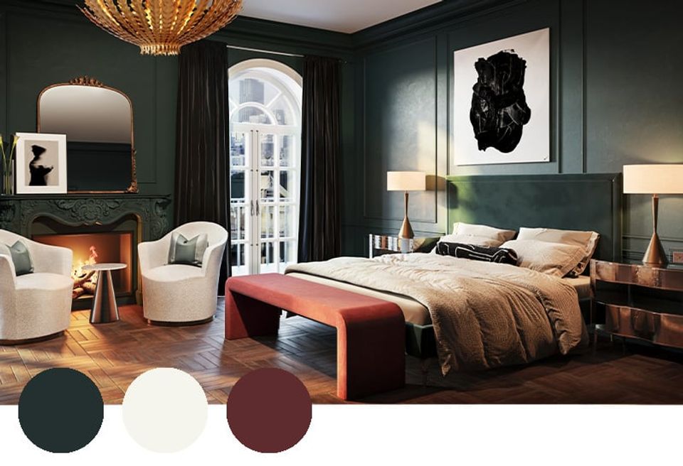 Sophisticated bedroom with deep forest green walls, warm wood tones, burgundy accents, and modern mid-century styling.