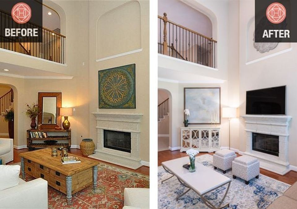 Before/after living room transformation from warm traditional to light contemporary aesthetic