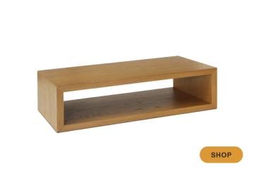 Minimalist light wood coffee table with open shelf storage design