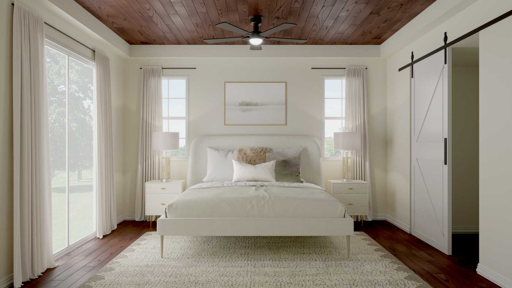 Bright Scandinavian bedroom with white bed, warm wood ceiling, neutral palette, and minimalist decor creating calm, airy atmosphere